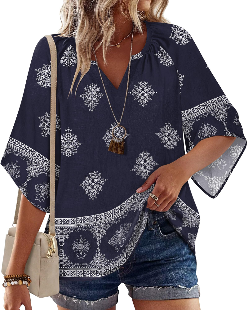 Vivienne Women's Bohemian V-Neck Blouse – Floral Summer Tunic Top