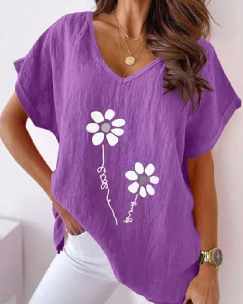 Bellina Women's Daisy Print Blouse – Bright Pink V-Neck Short Sleeve Summer Top