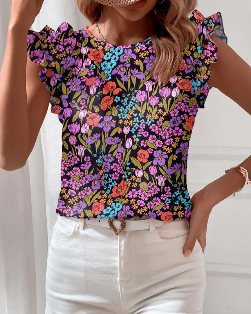 Beatrice Women's Boho Floral Blouse – Short Sleeve Ruffle Top Casual Summer Shirt