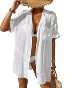 Brenda Women's Linen Shirt – Short Sleeve Collared Button Front Summer Blouse with Pocket