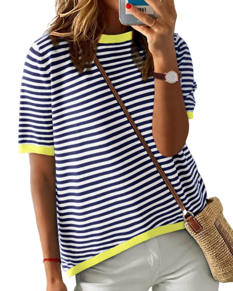 Charlotte Women's Striped Knit Top – Loose Fit Short Sleeve Summer T-Shirt