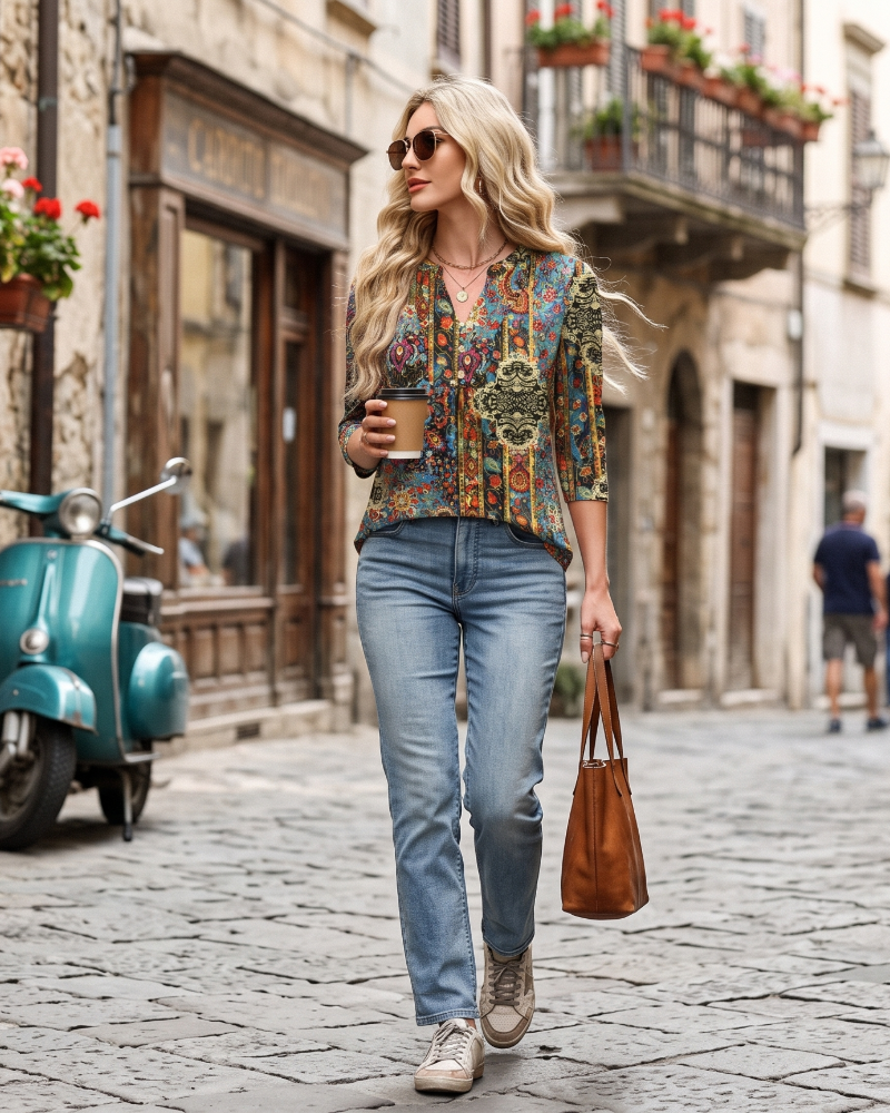 Hailey Women's Boho Blouse – V-Neck 3/4 Sleeve Pleated Casual Summer Top