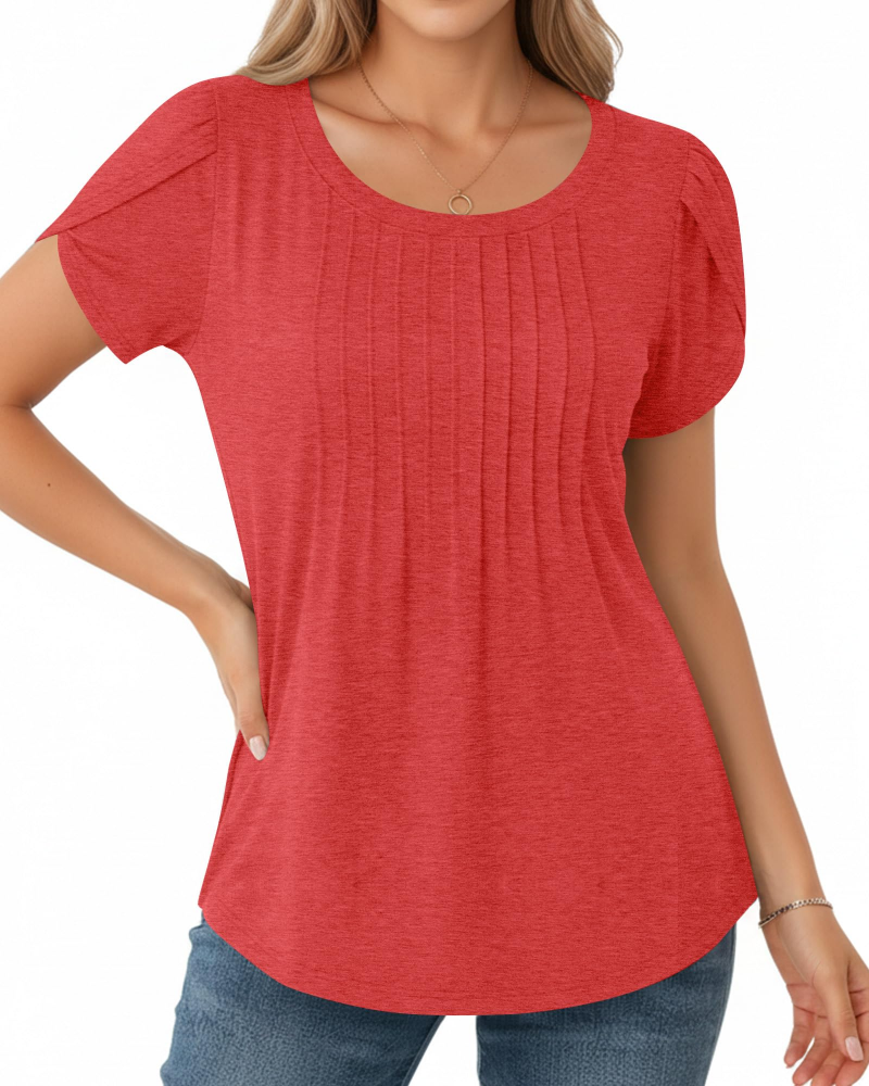 Fedora Women's Pleated Blouse – Petal Sleeve Round Neck Casual Summer Tunic Top