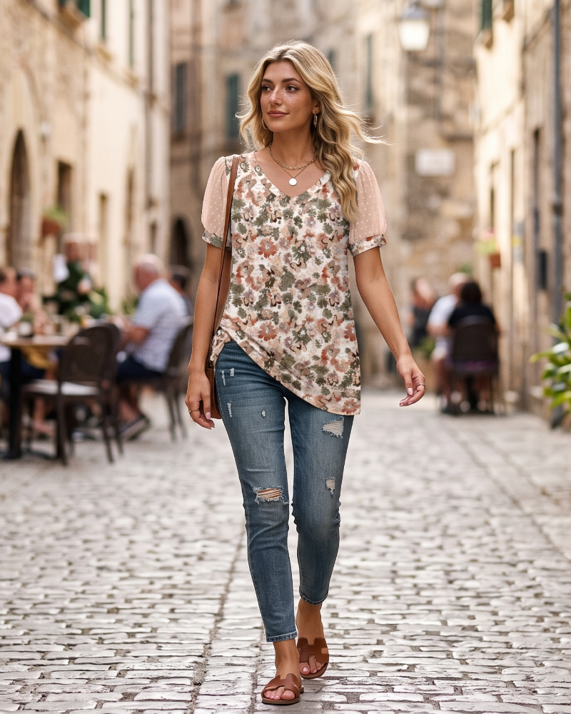 Lily Women's Swiss Dot Blouse – V-Neck Puff Sleeve Summer Top Casual Elegant Fit