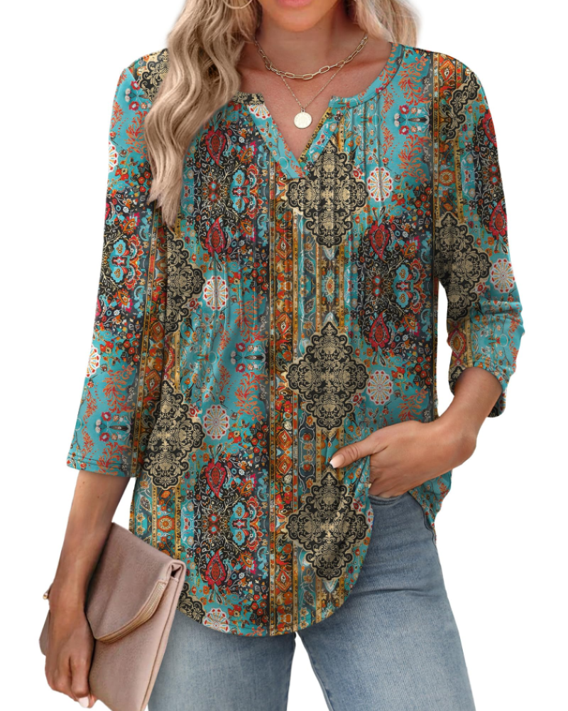 Camille Women's V-Neck Blouse – 3/4 Sleeve Pleated Summer Top Casual Beach Shirt