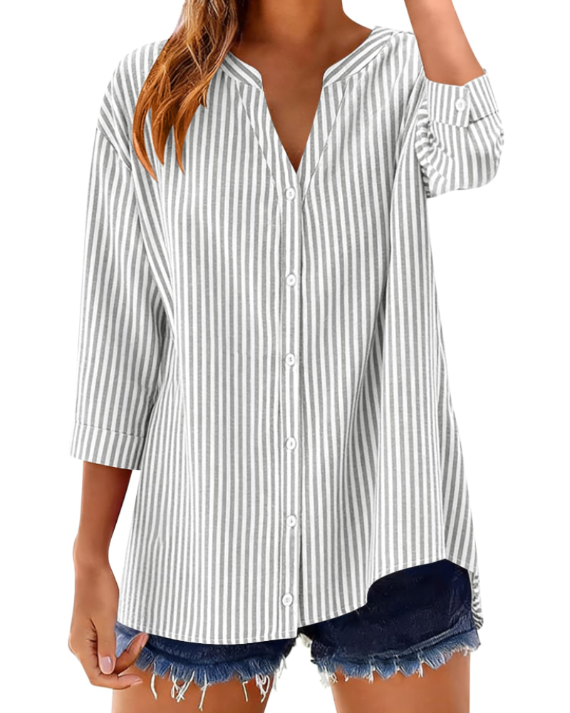 Sophie Women's Cotton Button Down Blouse – 3/4 Sleeve V-Neck Plaid Shirt