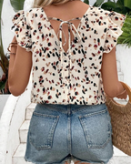 Freesia Women's Scalloped Blouse – V-Neck Ruffle Puff Sleeve Summer Office Top