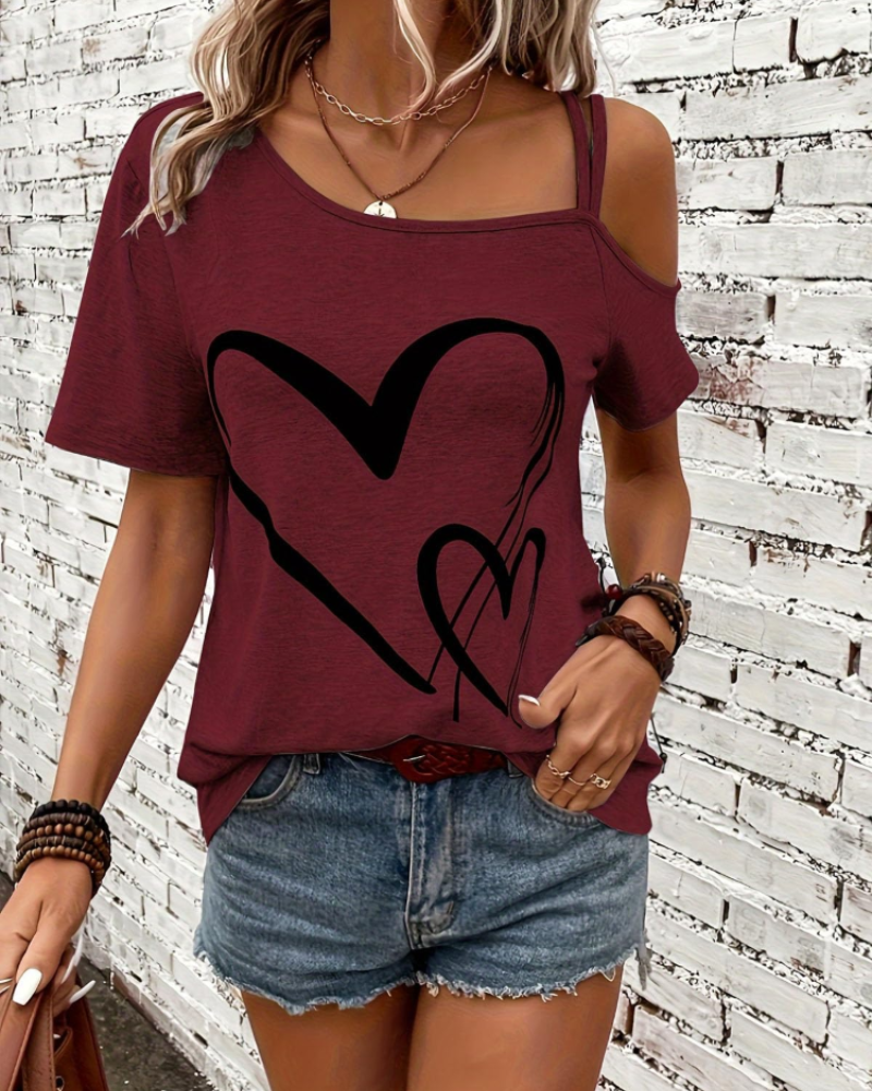 Bailey Women's One-Shoulder Top – Love Print Short Sleeve Casual Summer Blouse