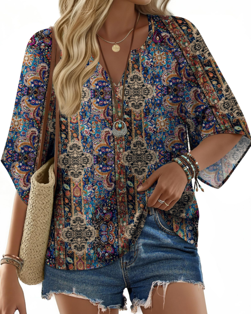 Vivienne Women's Bohemian V-Neck Blouse – Floral Summer Tunic Top