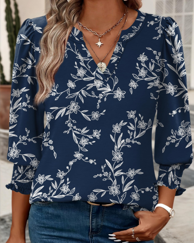 Audrey Women's V-Neck Blouse – 3/4 Sleeve Top with Smocked Cuffs Casual Elegant Fit