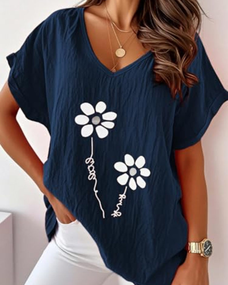 Bellina Women's Daisy Print Blouse – Bright Pink V-Neck Short Sleeve Summer Top