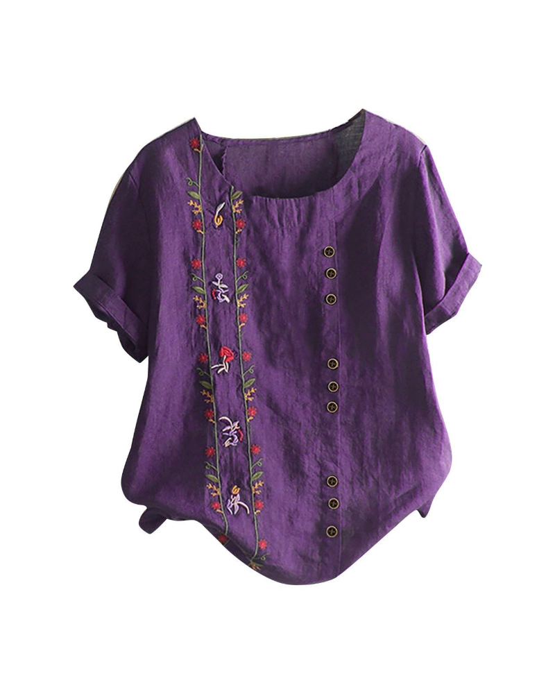 Amelia Women's Linen Blend Blouse – Floral Cotton Linen Summer Top