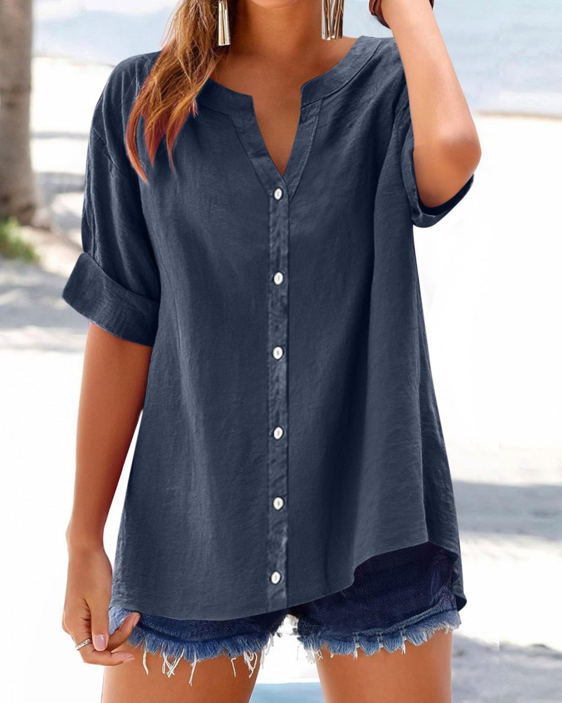 Bayla Women's Cotton Shirt – V-Neck Button-Down Roll-Up Sleeve Casual Blouse