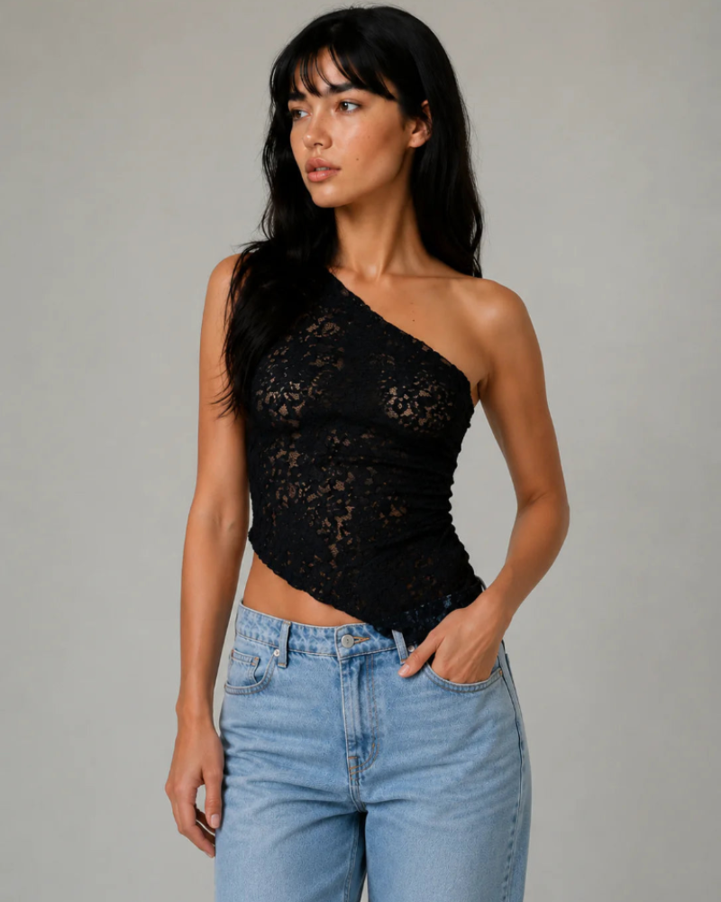 Delphine Women's One-Shoulder Lace Top – Elegant Asymmetric Party Blouse