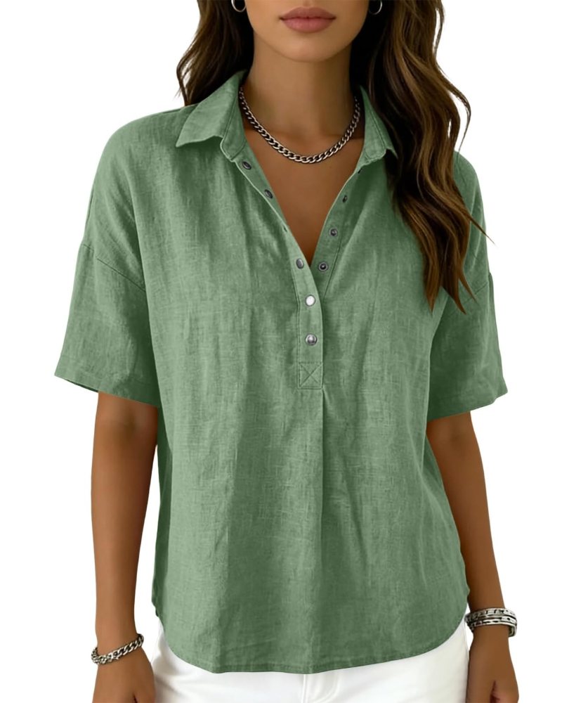 Franca Women's Linen Blouse – Half Sleeve Henley V-Neck Button Summer Shirt