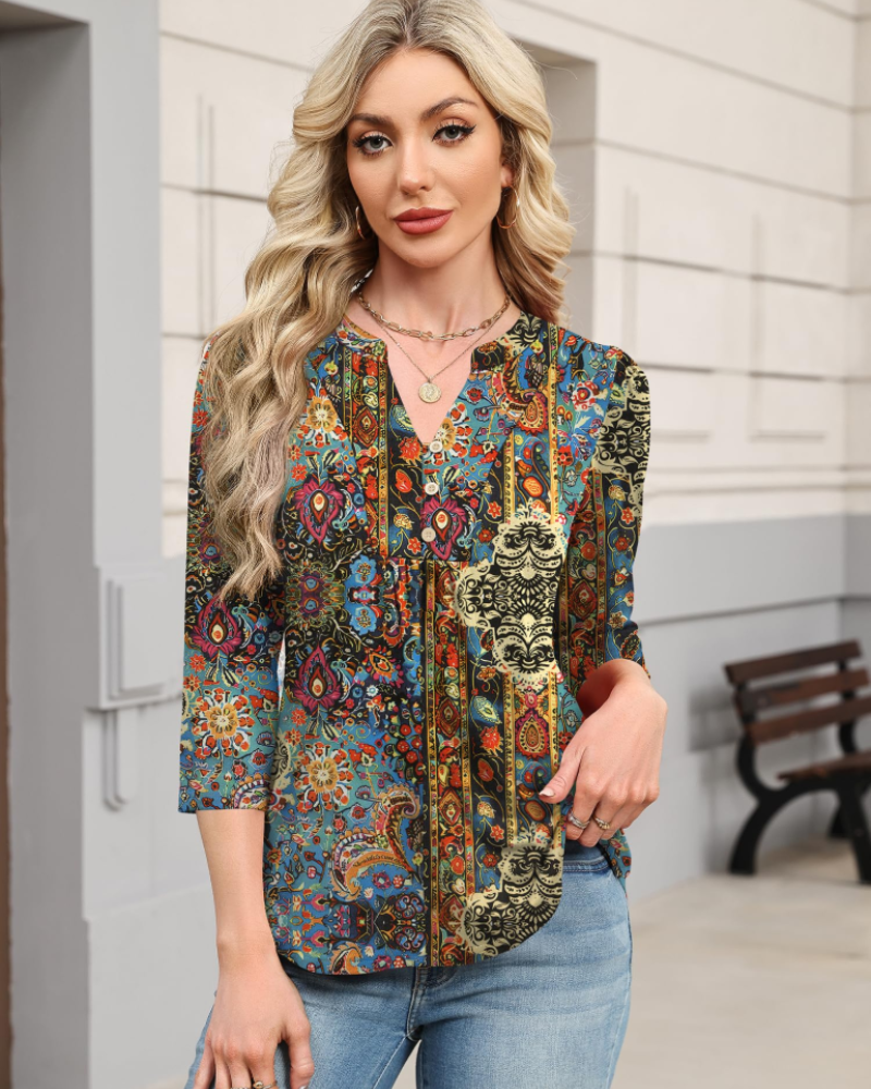 Hailey Women's Boho Blouse – V-Neck 3/4 Sleeve Pleated Casual Summer Top
