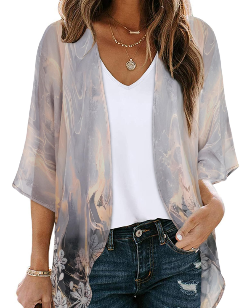 Bianca Women's Boho Kimono Cardigan – Floral Chiffon Beach Cover Up