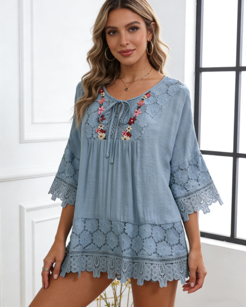 Delilah Women's Boho Blouse – Floral Embroidered V-Neck Top with Bell Sleeves