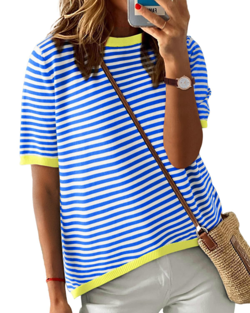 Charlotte Women's Striped Knit Top – Loose Fit Short Sleeve Summer T-Shirt