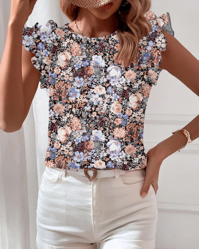 Beatrice Women's Boho Floral Blouse – Short Sleeve Ruffle Top Casual Summer Shirt
