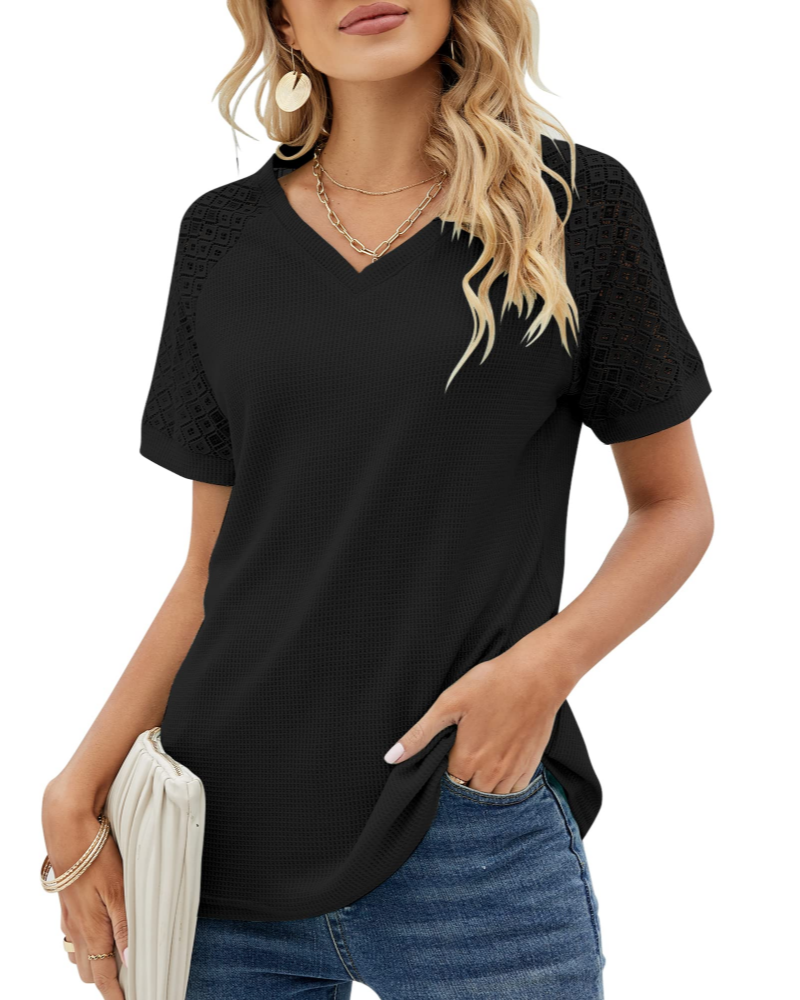 Baila Women's Lace T-Shirt – Short Sleeve Crew Neck Casual Loose Fit Summer Top