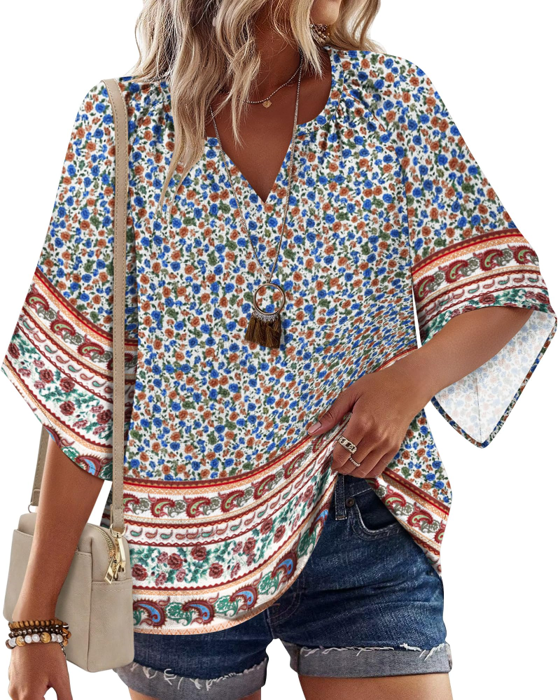Vivienne Women's Bohemian V-Neck Blouse – Floral Summer Tunic Top