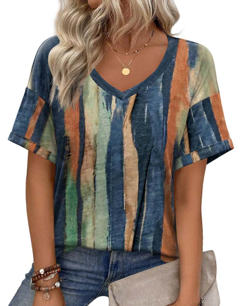 Elena Women's V-Neck Tunic Top – Casual Printed Summer T-Shirt Blouse