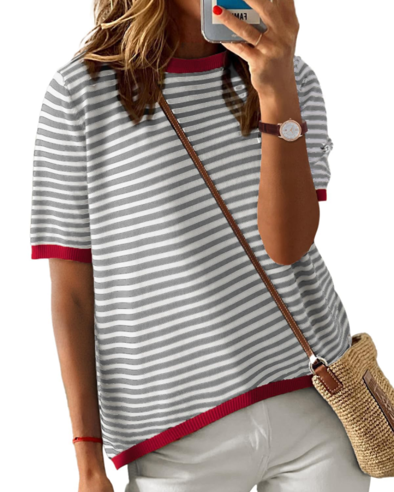 Charlotte Women's Striped Knit Top – Loose Fit Short Sleeve Summer T-Shirt