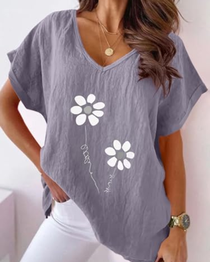 Bellina Women's Daisy Print Blouse – Bright Pink V-Neck Short Sleeve Summer Top
