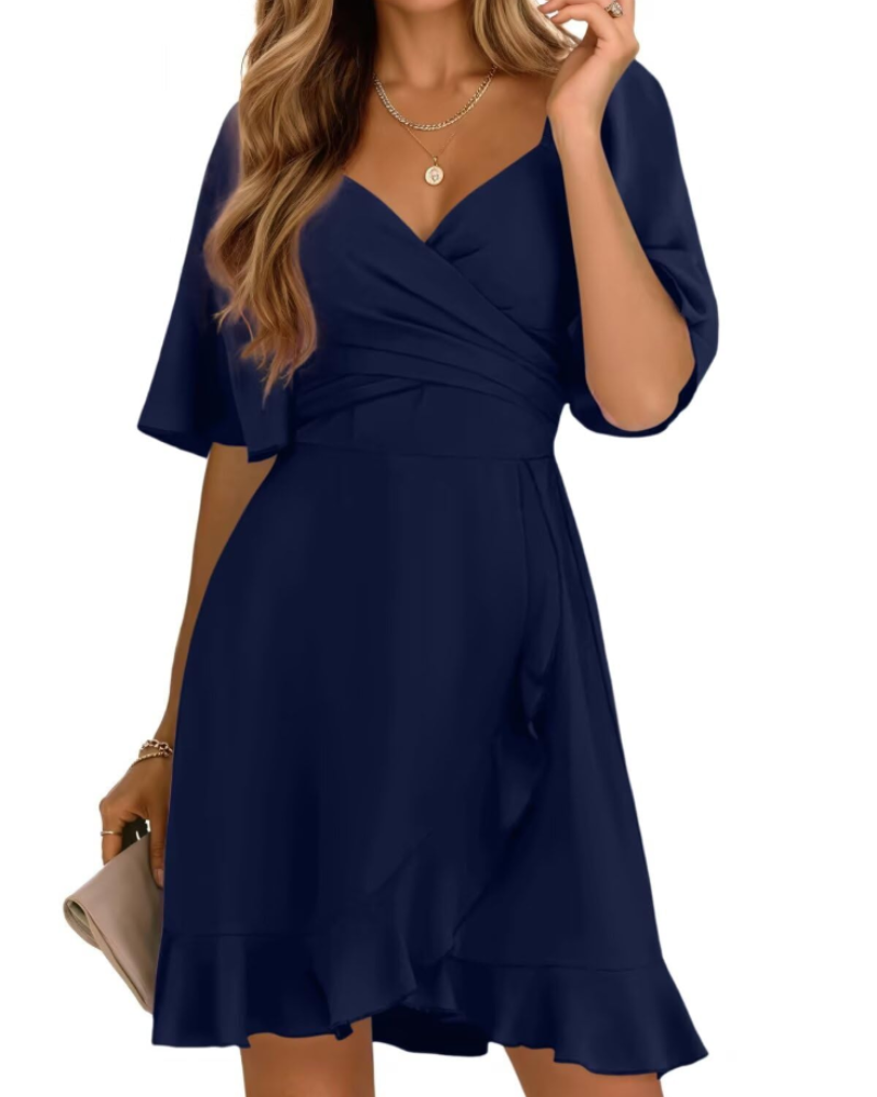 Ava Women's Wrap Mini Dress – V-Neck Smocked Waist Wedding Guest Dress