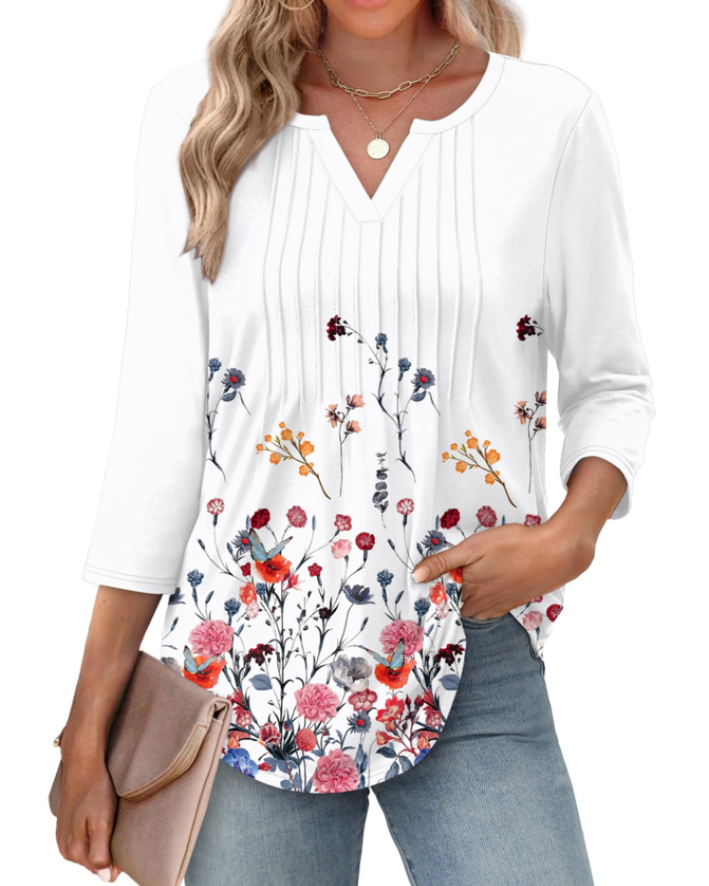 Camille Women's V-Neck Blouse – 3/4 Sleeve Pleated Summer Top Casual Beach Shirt