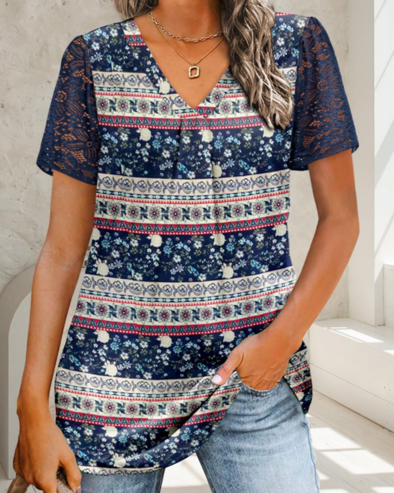 Fenna Women's Lace Blouse – V-Neck Short Sleeve Casual Elegant Summer Top Loose Fit