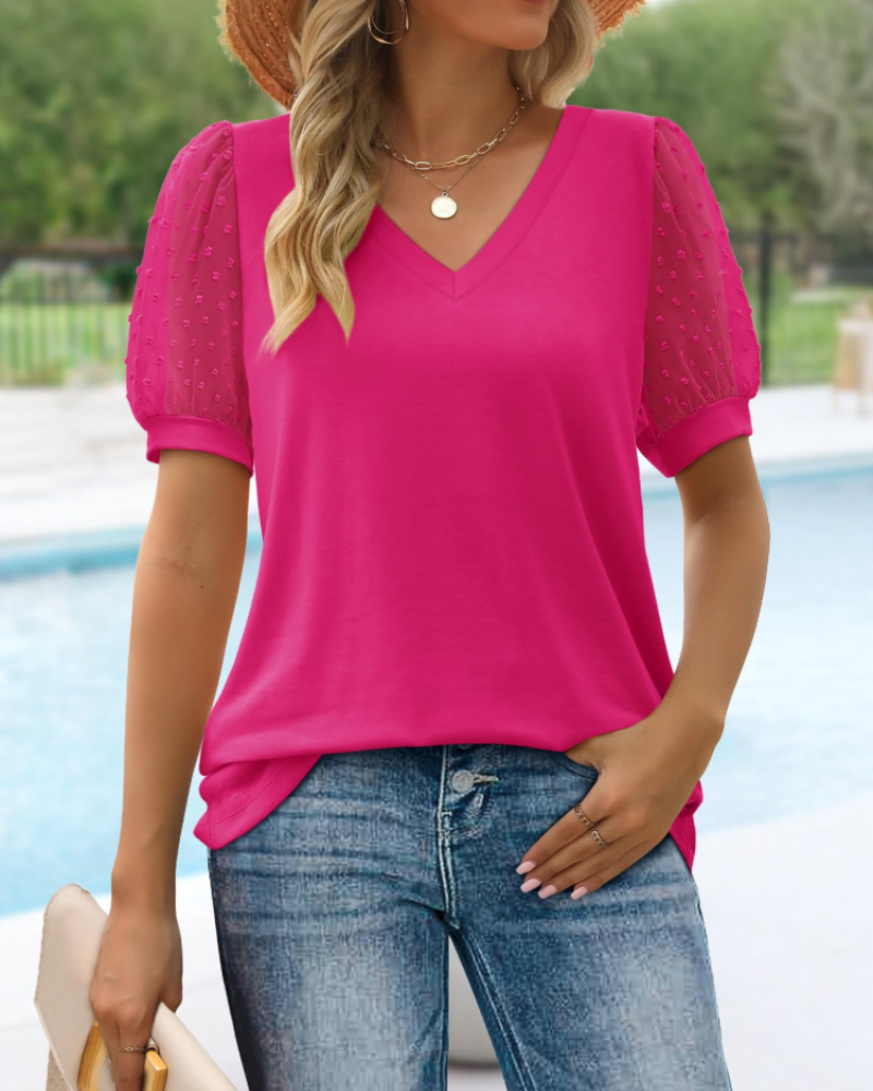 Florina Women's Swiss Dot Blouse – V-Neck Puff Sleeve Casual Summer Top Loose Fit