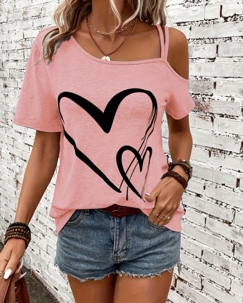 Bailey Women's One-Shoulder Top – Love Print Short Sleeve Casual Summer Blouse