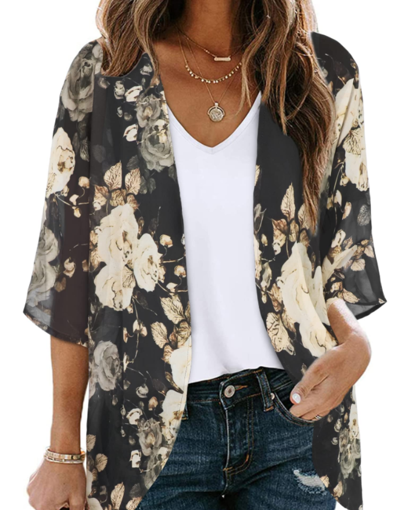 Bianca Women's Boho Kimono Cardigan – Floral Chiffon Beach Cover Up
