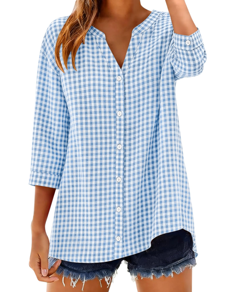 Sophie Women's Cotton Button Down Blouse – 3/4 Sleeve V-Neck Plaid Shirt