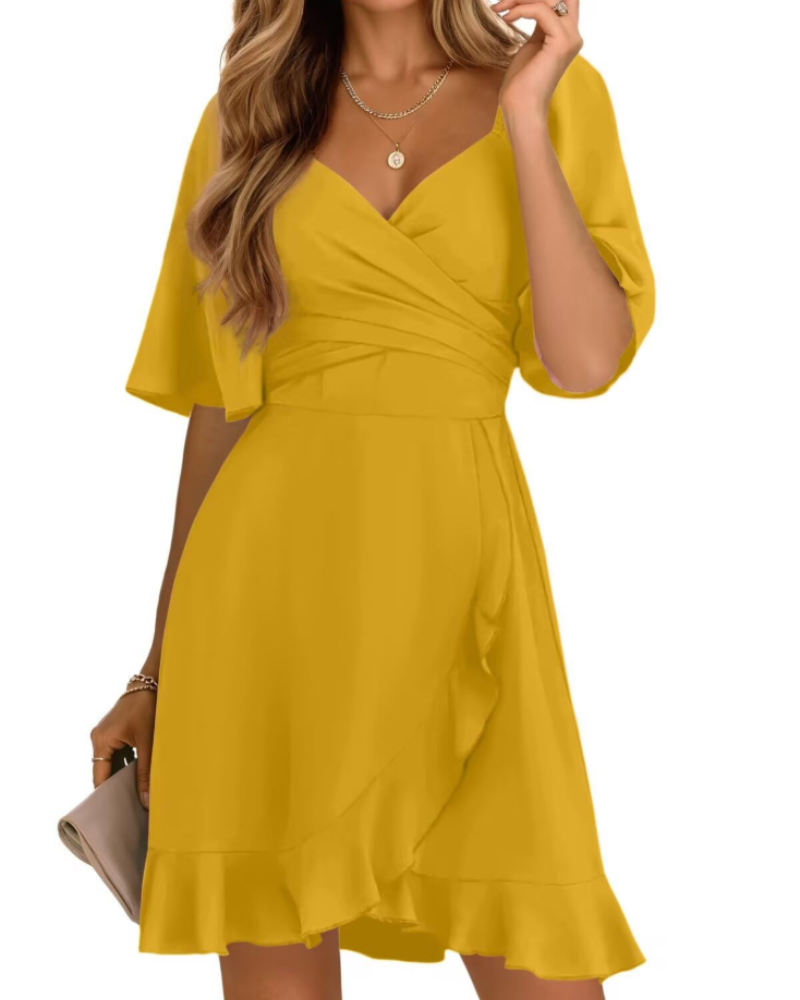 Ava Women's Wrap Mini Dress – V-Neck Smocked Waist Wedding Guest Dress