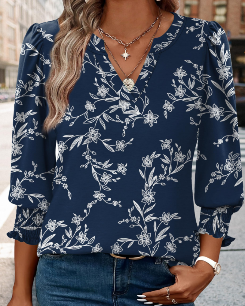 Isabella Women's V-Neck Blouse – 3/4 Sleeve Top with Smocked Cuffs Casual Elegant Fit
