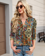Hailey Women's Boho Blouse – V-Neck 3/4 Sleeve Pleated Casual Summer Top