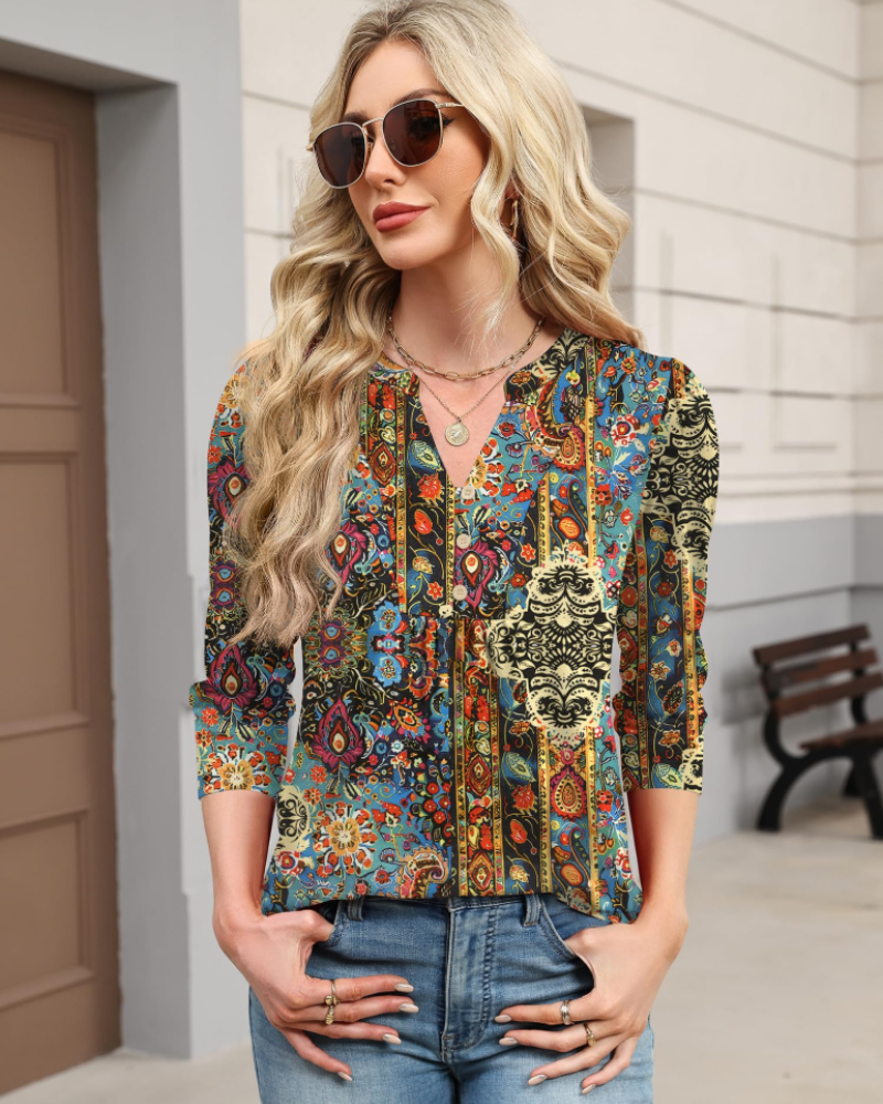 Hailey Women's Boho Blouse – V-Neck 3/4 Sleeve Pleated Casual Summer Top