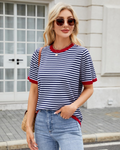Charlotte Women's Striped Knit Top – Loose Fit Short Sleeve Summer T-Shirt