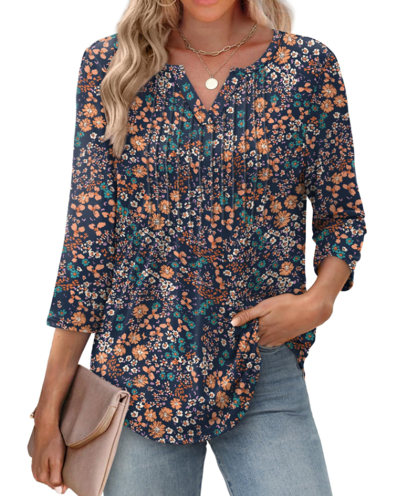 Camille Women's V-Neck Blouse – 3/4 Sleeve Pleated Summer Top Casual Beach Shirt