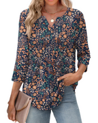 Camille Women's V-Neck Blouse – 3/4 Sleeve Pleated Summer Top Casual Beach Shirt