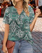 Brinna Women's Knit Tunic Blouse – V-Neck Short Sleeve Button Detail Summer Top