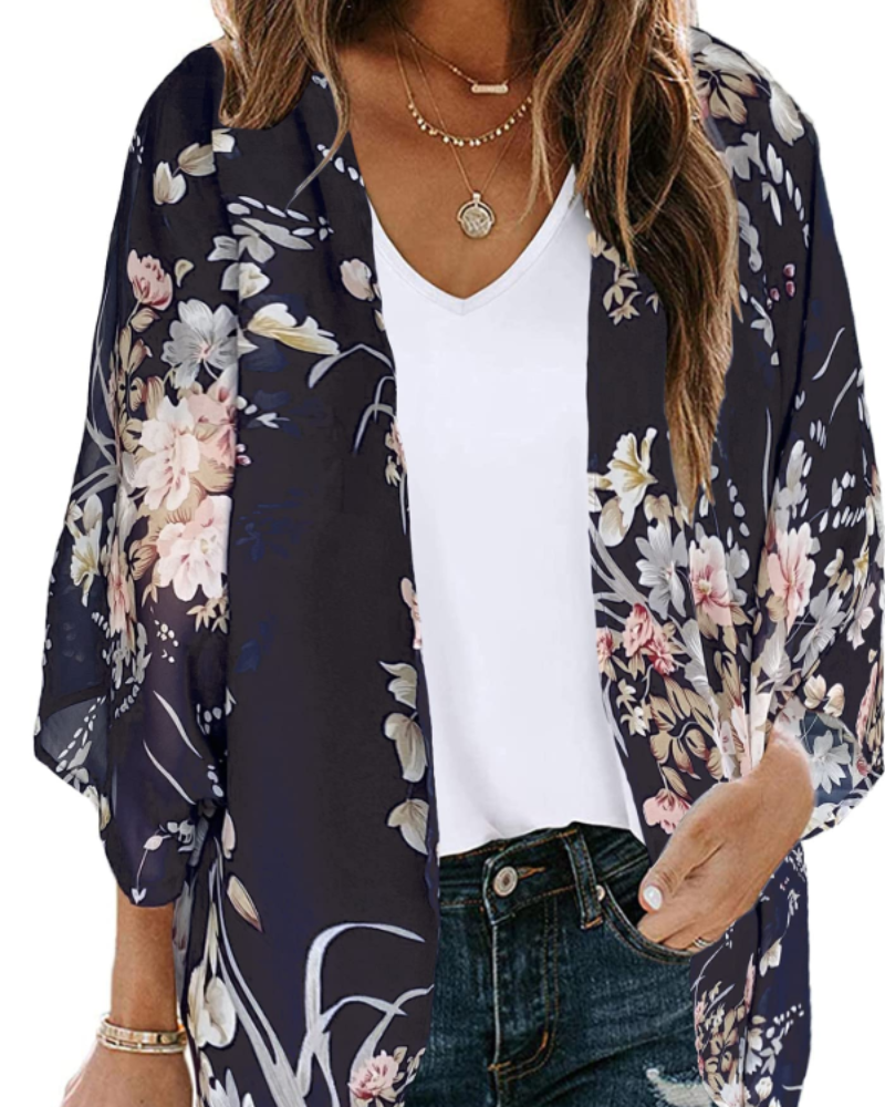 Bianca Women's Boho Kimono Cardigan – Floral Chiffon Beach Cover Up