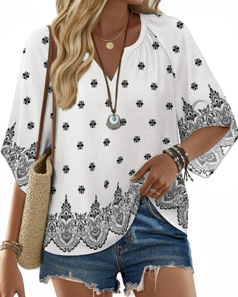 Vivienne Women's Bohemian V-Neck Blouse – Floral Summer Tunic Top