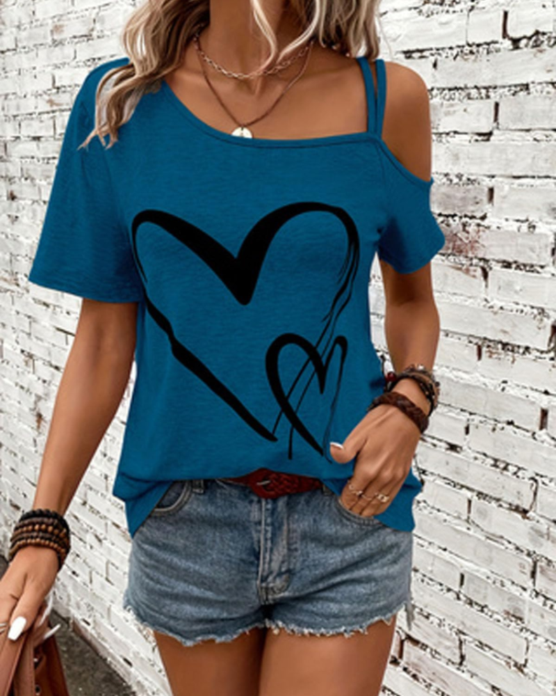 Bailey Women's One-Shoulder Top – Love Print Short Sleeve Casual Summer Blouse