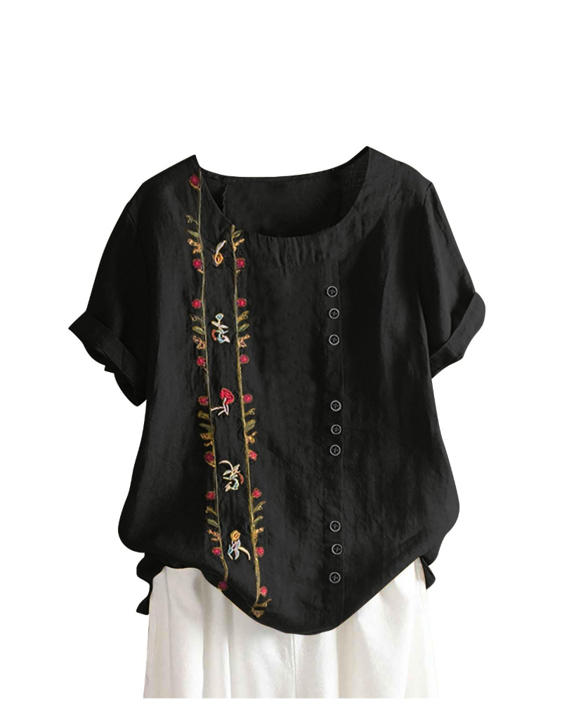 Amelia Women's Linen Blend Blouse – Floral Cotton Linen Summer Top