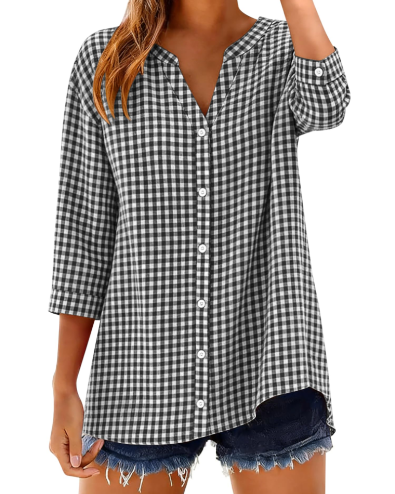 Sophie Women's Cotton Button Down Blouse – 3/4 Sleeve V-Neck Plaid Shirt