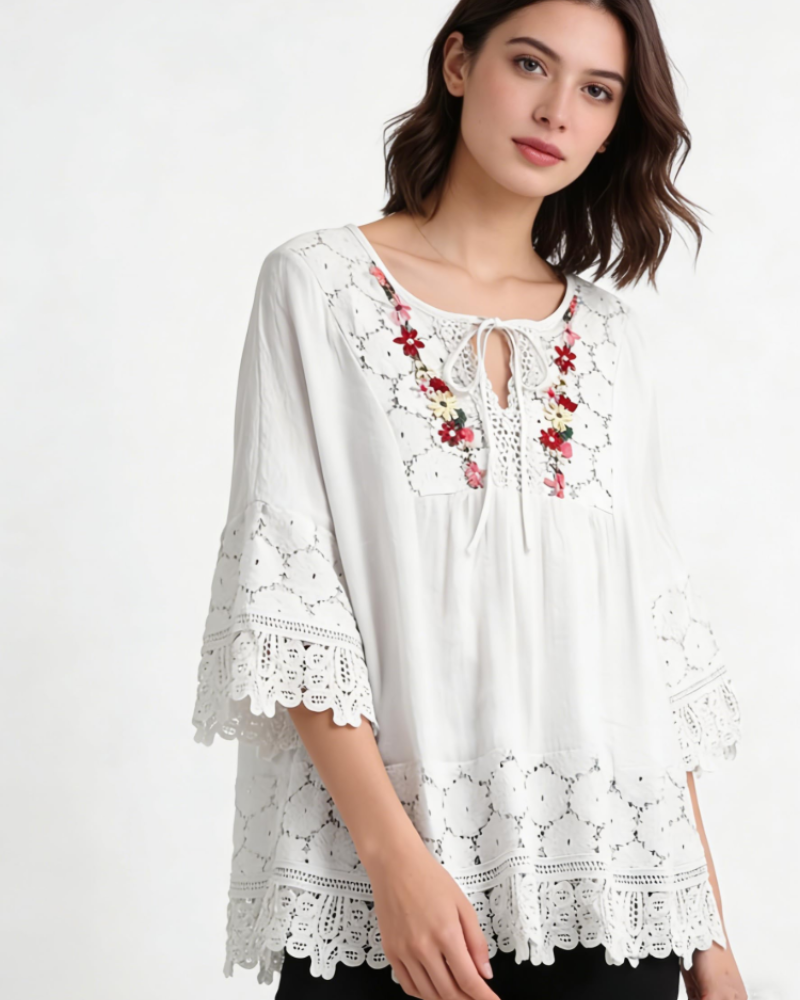 Delilah Women's Boho Blouse – Floral Embroidered V-Neck Top with Bell Sleeves
